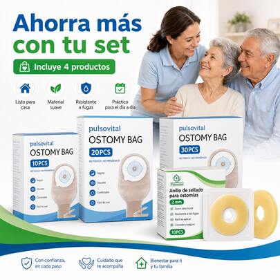 Pulsovital Combo Cuidado de Estoma: 60 Bolsas Desechables para Ostomía y Colostomía Ajuste Universal 15‑76mm +10 Anillos Barrera Cutánea Hidrocoloide Moldeables 2mm Recortables 20‑40mm, Sellado Segur o Antifugas para Uso Diario