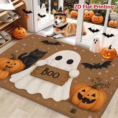 1/2 قطعة سجادة باب هالوين، سجادة باب من الفلانيل بموضوع هالوين، مريحة وناعمة وماصة للماء ومضادة للانزلاق وقابلة للغسل في الغسالة، سجادة متعددة الوظائف لمدخل المنزل، سجادة المطبخ والحمام، ديكور المدخل والممر وغرفة النوم وغرفة المعيشة والفناء، نمط كرتوني شبح وقطة سوداء ويقطين وخفافيش، سجادة أرضية لأجواء العطلات