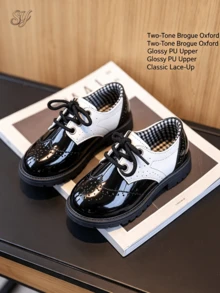 1 Pair British Patchwork Shiny Leather Children's Brogue Lace-Up Round Toe Thick Sole Formal Shoes, School Uniform Performance Shoes, Unisex - Black and White - View 2