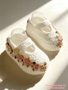 1 Pair Handmade Crochet Infant Shoes, Beige Floral Embroidery, Mary Jane Style, Button Closure - White - View 1