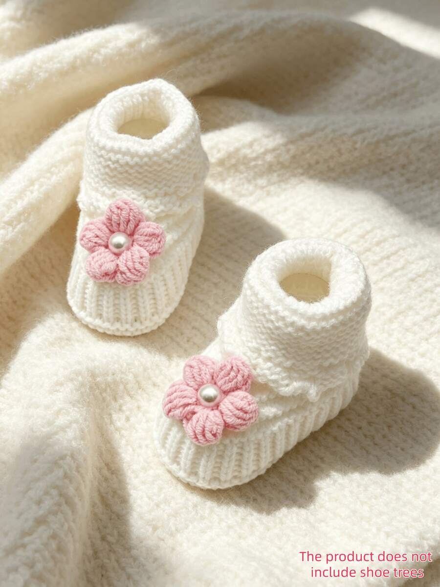 1 Pair Handmade Infant Knitted Flower Boots, White Infant Crib Shoes - Pink - View 1