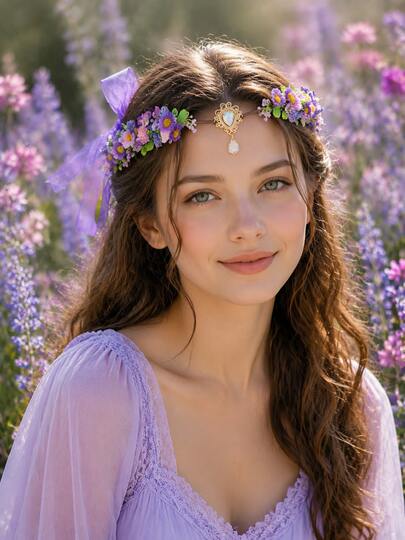 1pc Purple Daisy Flower Crown Headband With AB Crystal Water Drop Pendant, Floral Wreath Ribbon Tie Bohemian Bridal Hair Accessory Photo Prop