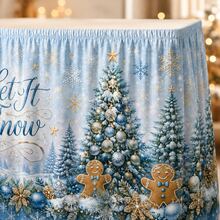 Elegant Winter Wonderland Christmas Table Skirt Let It Snow Print Polyester Tablecloth, Blue Snowflake Holiday Decor With Christmas Tree & Gingerbread Pattern, Luxury Christmas Dinner Party Home Restaurant Celebration Decoration - A - View 8
