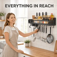 1pc Standard Size Space-Saving Wall-Mounted Spice Rack, Modern Minimalist Solid Rectangular Storage Shelf, Dual Installation Design With Hooks For Hanging Utensils And Kitchenware, No-Drill And Drill-Free Installation Bracket, Suitable For Kitchen, Bathroom And Home - View 1