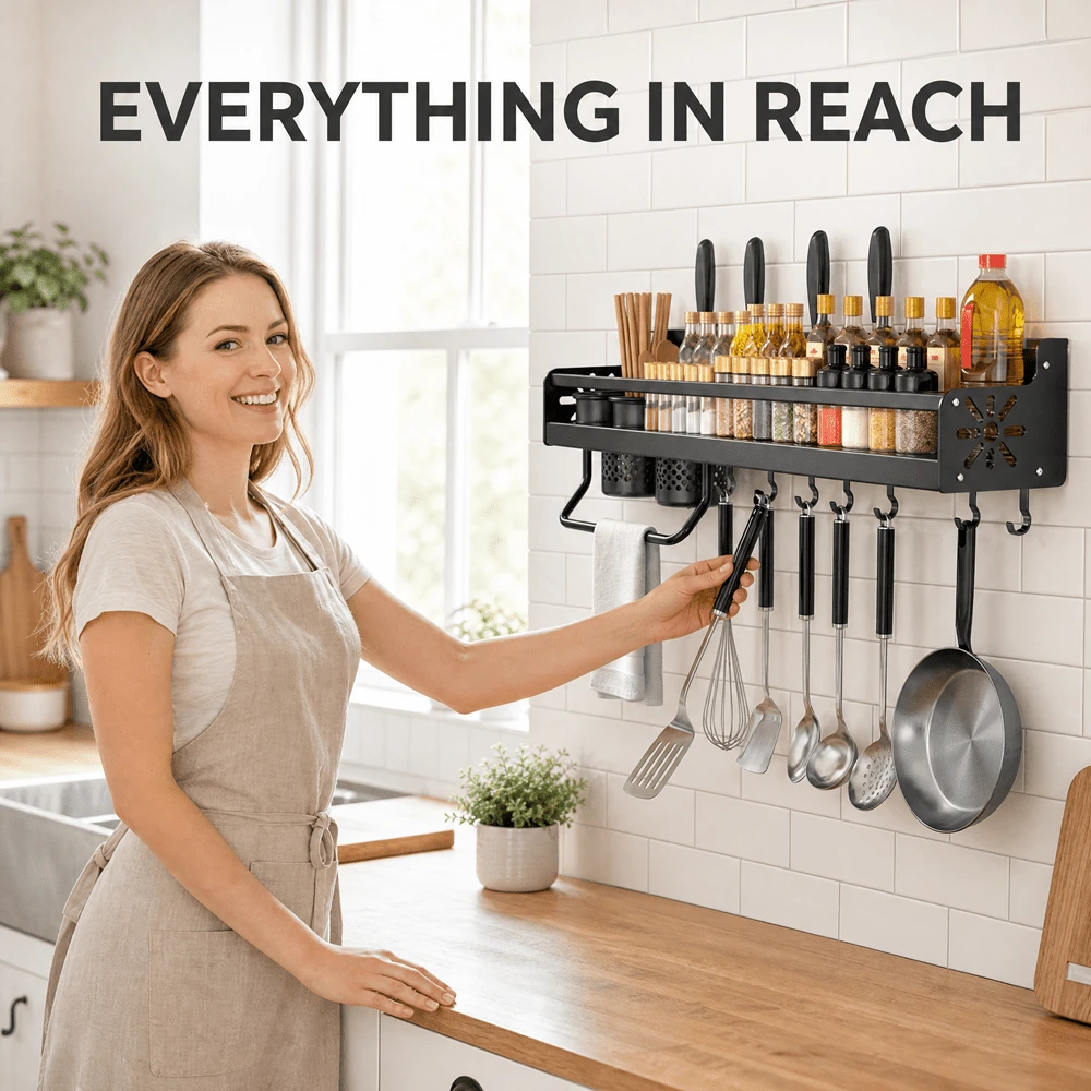 1pc Standard Size Space-Saving Wall-Mounted Spice Rack, Modern Minimalist Solid Rectangular Storage Shelf, Dual Installation Design With Hooks For Hanging Utensils And Kitchenware, No-Drill And Drill-Free Installation Bracket, Suitable For Kitchen, Bathroom And Home - View 1