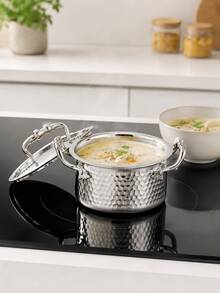 1pc Mini Hammered Metal Cooking Pot With Lid, Dual Handles, Small Soup Pot, Suitable For Milk, Noodles, Stew And Single Person Meals, Kitchen To Table Cookware - View 6