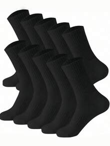 1/5/10 Pairs Men/Women Solid Color Mid-Calf Socks, Suitable For Daily Wear - Black - View 1