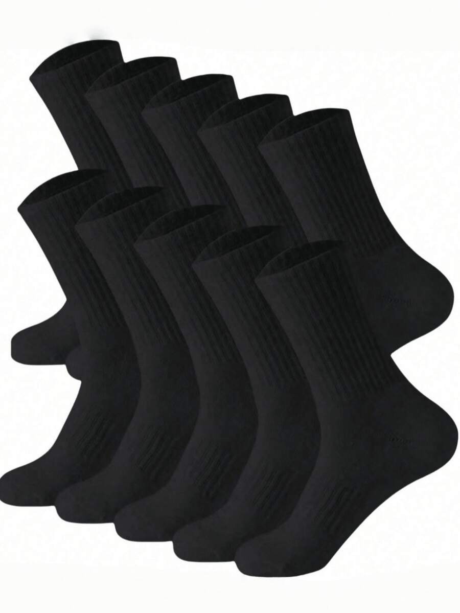 1/5/10 Pairs Men/Women Solid Color Mid-Calf Socks, Suitable For Daily Wear - Black - View 1