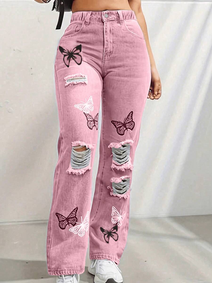 Tween Girl Butterfly Print Distressed Straight Leg Casual Jeans - Pink - View 1