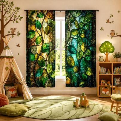 2pcs Painted Glass Green Leaf Pattern Semi-Sheer Bedroom Curtains, No-Drill Rod Pocket Design, Rod Pocket Hanging, Vintage Mori Style Living Room Curtains, Kitchen Curtains, Suitable For Home Decor, Room Decor, House Decor Partition, Polyester Material, Machine Washable And Hand Washable