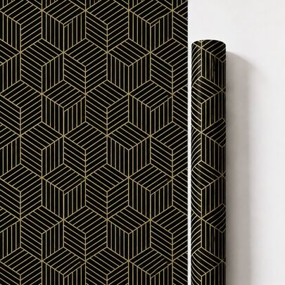 1 Roll Black Gold Geometric Cube Peel And Stick Wallpaper, Modern Hexagon Geometric Self‑Adhesive Contact Paper, Removable Waterproof Vinyl Wall Sticker For Bedroom Living Room Kitchen Cabinet, Apartment Dorm Home Decor Renovation, Desktop Stickers