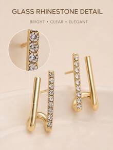 1pair Elegant Rhinestone Decor Stud Earrings For Women For Daily Decoration Commuting - Gold - View 5