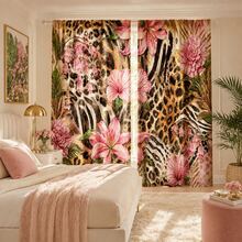 2 Panels Leopard Zebra Mixed Animal Print Window Curtains Rod Pocket Semi Transparent Light Filtering Privacy Drapes Pink Tropical Flower Palm Leaf Exotic Boho Glam Decor Washable Curtains For Bedroom Living Room - Multicolor - View 6