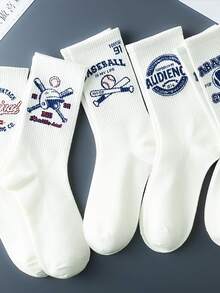 1/5/10 Pairs Men's Beige Baseball Letter Print Vertical Ribbed High Elastic Cuff Socks, Breathable Sweat-Absorbing Soft Non-Stuffy Mid-Calf Slouch Socks, American Retro Sports Style For Campus, Skateboard, Daily Casual Wear - Multicolor - View 6