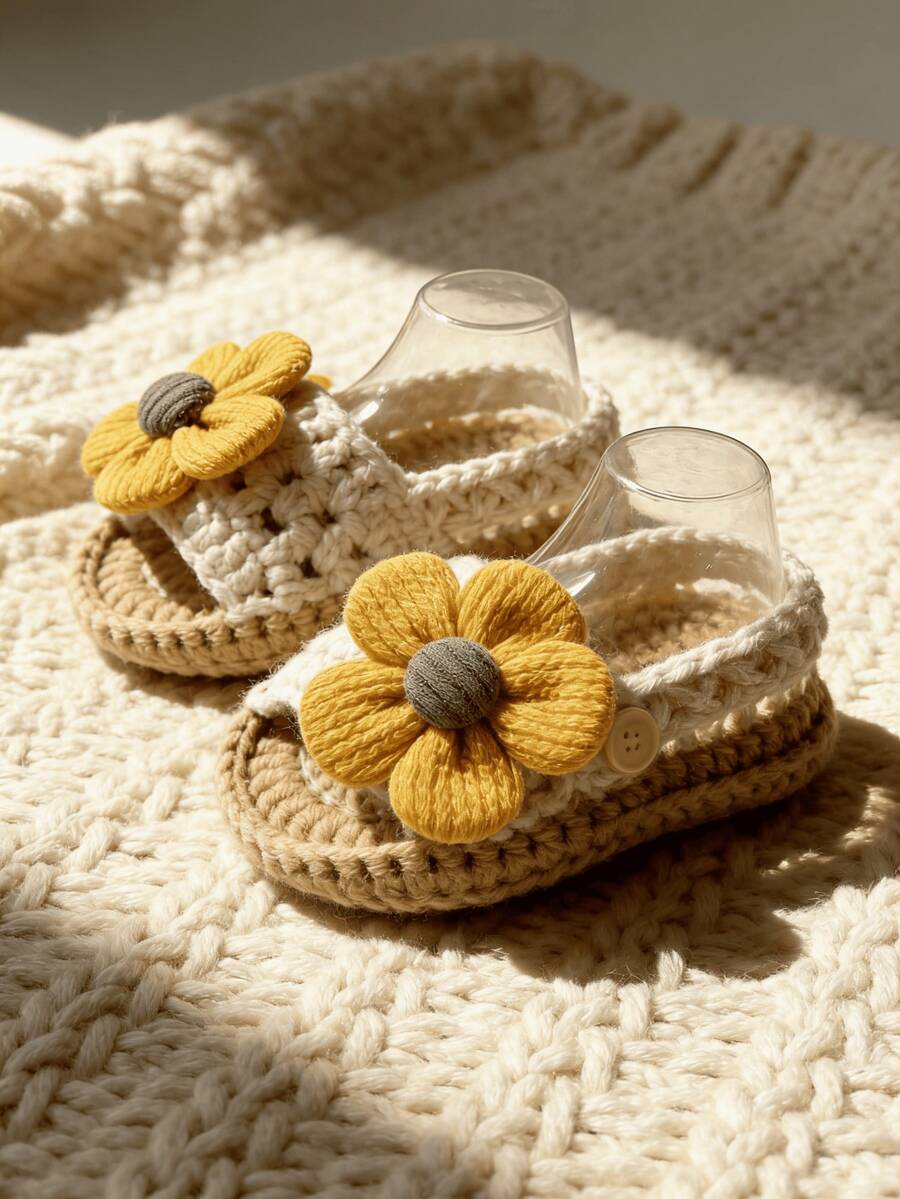 1 Pair Crochet Knitted Infant Sandals, Yellow Sunflower Pattern, Handmade Shoes, Beige - Beige - View 1