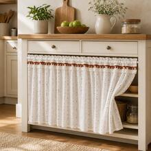 1pc Multi-Color Candy Bean Faux Linen Curtain, American Country Pastoral Style Half Curtain, Decorated With Wavy Lace And Pom Poms, With Rod Pocket, Suitable For Sink Cabinet Short Window, Perfect For Kitchen, Cafe And Bedroom Decor - Multicolor - View 3