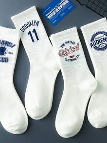 1/5/10 Pairs Men's Beige Baseball Letter Print Vertical Ribbed High Elastic Cuff Socks, Breathable Sweat-Absorbing Soft Non-Stuffy Mid-Calf Slouch Socks, American Retro Sports Style For Campus, Skateboard, Daily Casual Wear - Multicolor - View 4