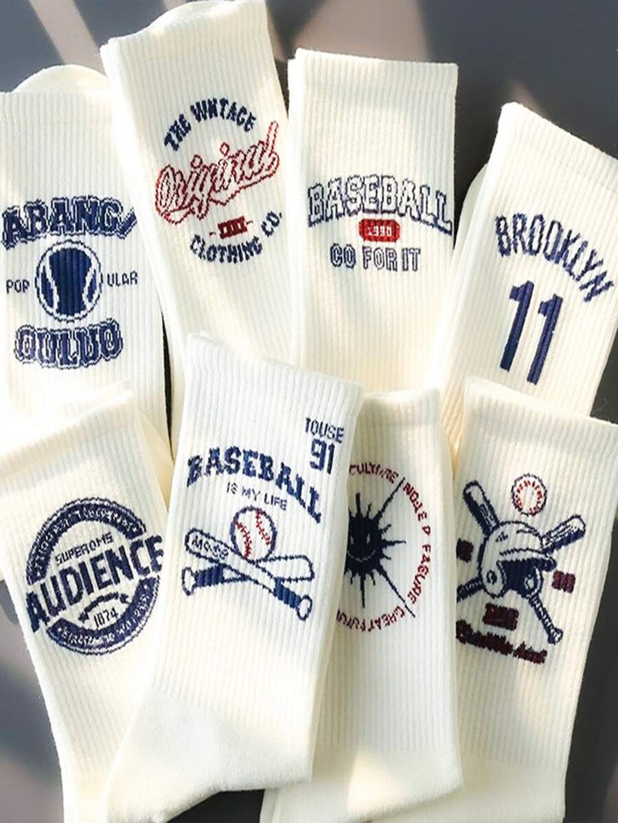 1/5/10 Pairs Men's Beige Baseball Letter Print Vertical Ribbed High Elastic Cuff Socks, Breathable Sweat-Absorbing Soft Non-Stuffy Mid-Calf Slouch Socks, American Retro Sports Style For Campus, Skateboard, Daily Casual Wear - Multicolor - View 1