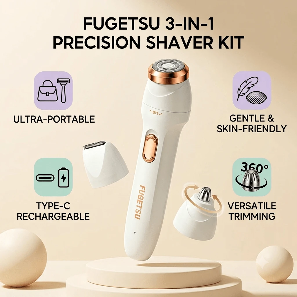 3-In-1 Ladies Electric Shaver Set, Painless Face Body Underarm Hair Removal & Nose Hair Trimmer, Type-C Rechargeable