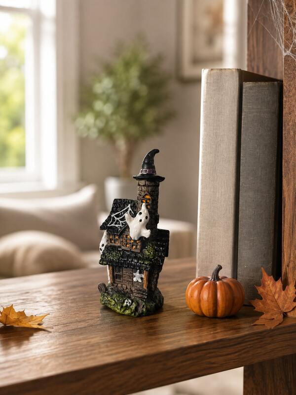 Halloween-dekorationer för hemsökt hus, kusliga spökhusornament med häxhatt, miniatyrhemsökt hus i harts med spöke och spindelnät, höstdekoration för bord, lämplig för hemmets spiselkrans och Halloweenfestdekoration