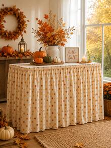 1pc Cream Orange Polka Dot Table Skirt, Cozy Farmhouse Polyester Rectangular Ruffled Pleated Decorative Party Table Cover For Fall Decor, Thanksgiving, Harvest Party, Autumn Dinner, Kitchen Decor & Fall Home Decor - Multicolor - View 1