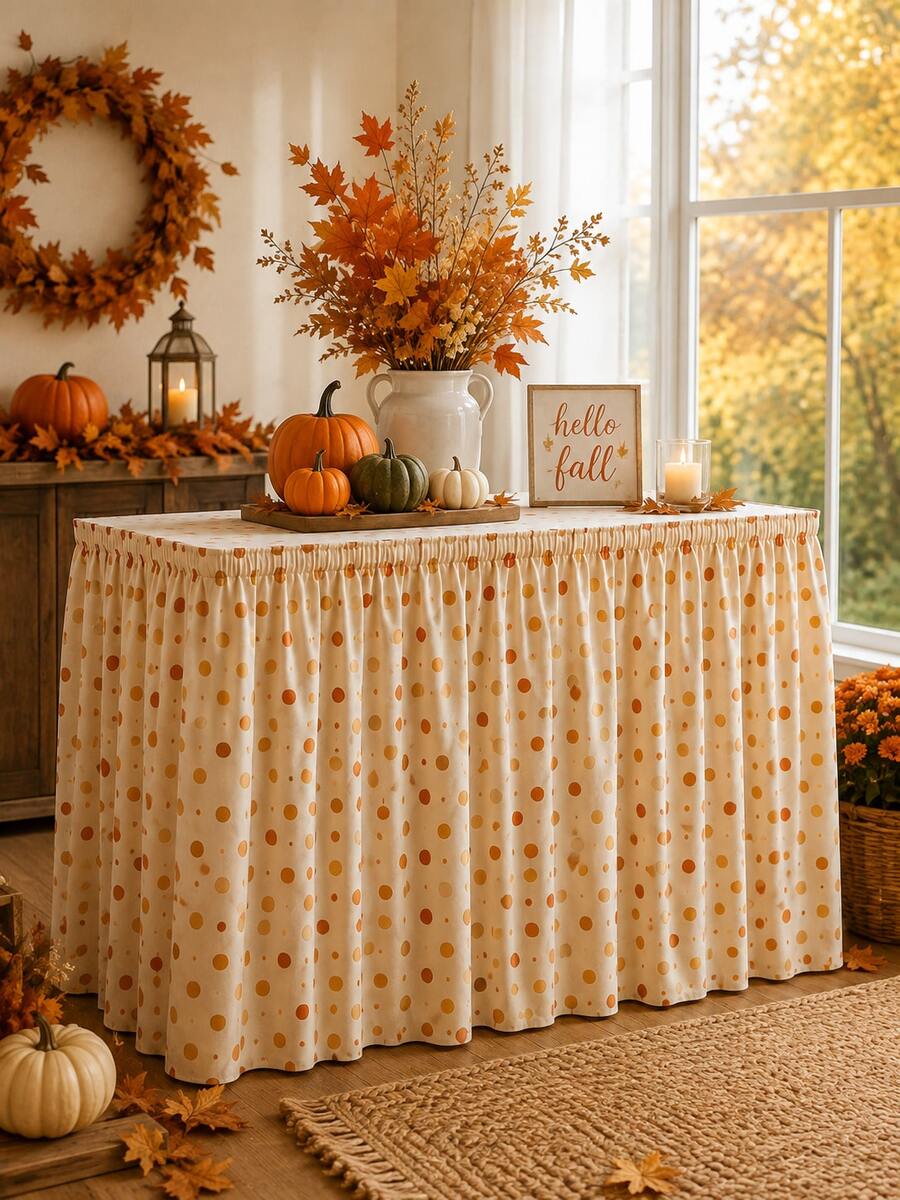 1pc Cream Orange Polka Dot Table Skirt, Cozy Farmhouse Polyester Rectangular Ruffled Pleated Decorative Party Table Cover For Fall Decor, Thanksgiving, Harvest Party, Autumn Dinner, Kitchen Decor & Fall Home Decor - Multicolor - View 1