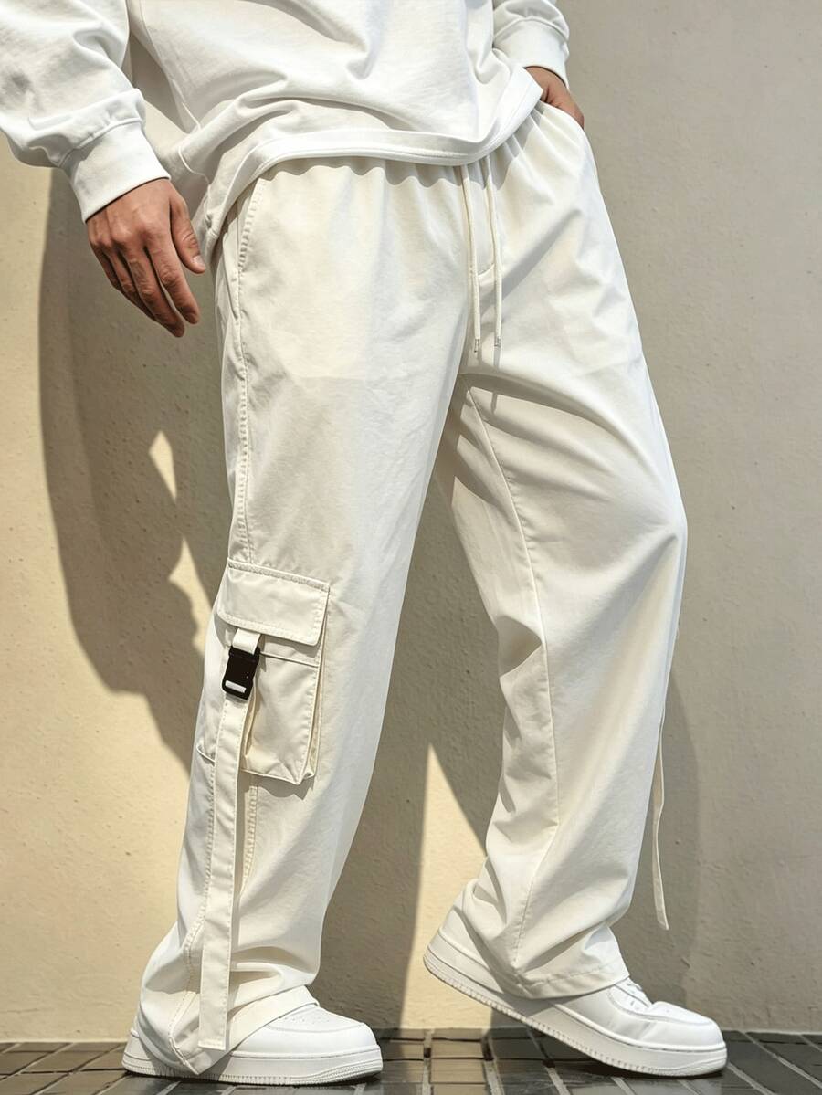 Men's American Style Beige Cargo Casual Pants With Side 3D Pockets, Ribbon Decor, Loose Fit, Slimming, Long Pants - Light Yellow - View 1