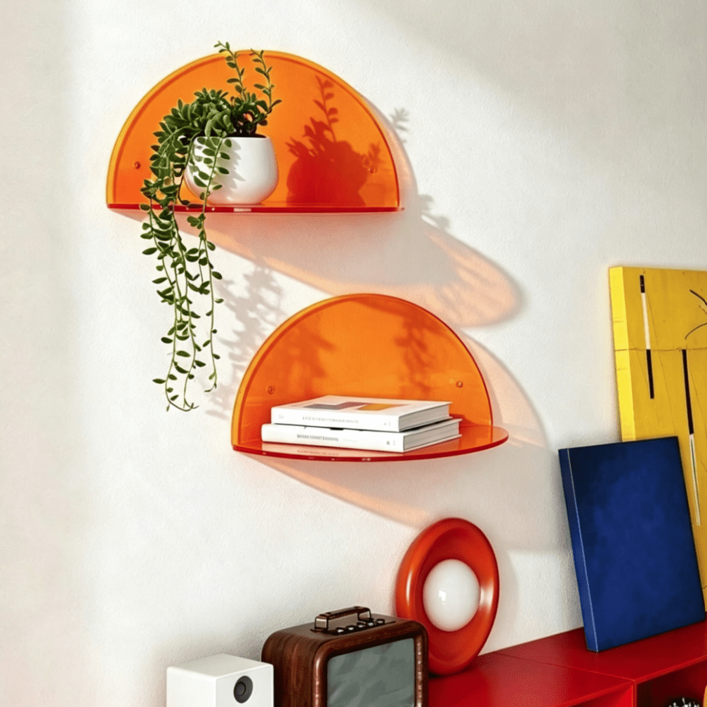 Acrylic Modern Wall-Mounted Round Display Shelf, Orange Small Wall Storage Rack, Decorative Plant & Cosmetic Organizer, Housewarming Decor Ornament, Living Room Minimalist Bohemian Wabi-Sabi Style, Elegant Luxury Women's Housewarming Gift, Unique