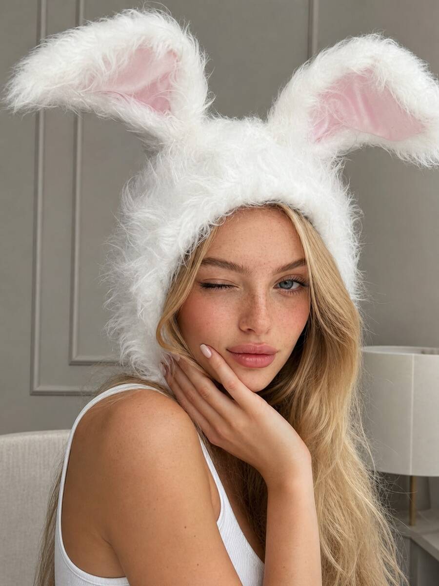 MESHUOKAI Cute Plush Rabbit Ear Hat, White Long Fur Rabbit Headpiece, Easter Party Cosplay Photo Prop, Warm Head Cover - A - View 1