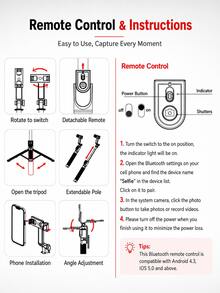 Tripod Tongkat Selfie yang Dapat Diperpanjang 1,8m dengan Pegangan Anti-Guncangan Manual, Remote Bluetooth Nirkabel, Lampu Pengisi Kecantikan Tunggal/Ganda Opsional, Dudukan Ponsel Portabel, Cocok untuk Selfie Perjalanan, Vlog, dan Siaran Langsung - View 3