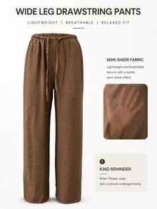 Women's Loose Drawstring Waist Wide Leg Pants, Lightweight Breathable Casual Trousers, Summer - Coffee Brown - View 6
