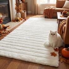 1pc Soft Fluffy New Long Striped Rabbit Fur Decorative Rug, Comfortable Touch, Silicone Non-Slip Bottom With 7mm Sponge Middle, Perfect For Bedroom, Living Room, Study, Office Or Entryway. It Can Be Used As A Floor Mat And Easily Create A Cozy Bedroom Atmosphere. This Plush Rug Supports Water Washing, Non-Slip Bottom, Cute Design - White - View 1