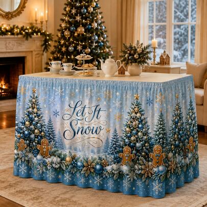 Elegant Winter Wonderland Christmas Table Skirt Let It Snow Printed Polyester Table Cover, Blue Snowflake Holiday Decoration With Christmas Tree Gingerbread Pattern, Luxury Xmas Dinner Party Decor For Home Dining Room Celebration