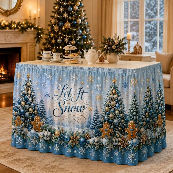 Elegant Winter Wonderland Christmas Table Skirt Let It Snow Printed Polyester Table Cover, Blue Snowflake Holiday Decoration With Christmas Tree Gingerbread Pattern, Luxury Xmas Dinner Party Decor For Home Dining Room Celebration