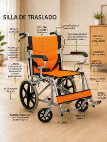 Silla de ruedas de traslado con reposabrazos acolchado para personas mayores, plegable y ligera, silla de ruedas portátil para ancianos, silla de rueda de viaje Soporta hasta 110 kg, Z-OR260C - Ver 8