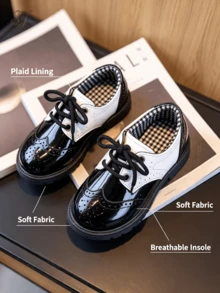 1 Pair British Patchwork Shiny Leather Children's Brogue Lace-Up Round Toe Thick Sole Formal Shoes, School Uniform Performance Shoes, Unisex - Black and White - View 6