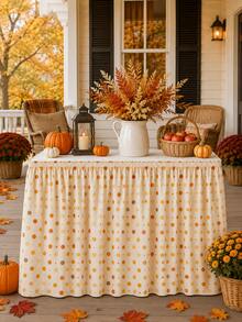 1pc Cream Orange Polka Dot Table Skirt, Cozy Farmhouse Polyester Rectangular Ruffled Pleated Decorative Party Table Cover For Fall Decor, Thanksgiving, Harvest Party, Autumn Dinner, Kitchen Decor & Fall Home Decor - Multicolor - View 5