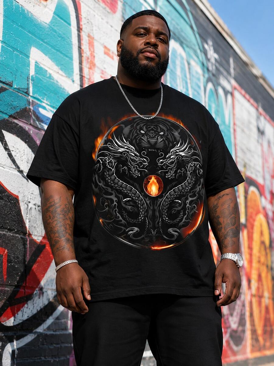 Plus Size Men's Dragon Print Short Sleeve T-Shirt, Summer - Black - View 1