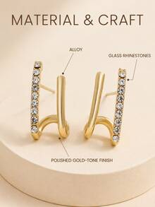 1pair Elegant Rhinestone Decor Stud Earrings For Women For Daily Decoration Commuting - Gold - View 4