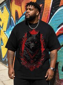 Plus Size Men's Fashionable Wolf Print Short Sleeve T-Shirt - Black - View 1