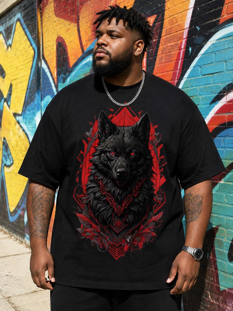 Plus Size Men's Fashionable Wolf Print Short Sleeve T-Shirt - Black - View 1