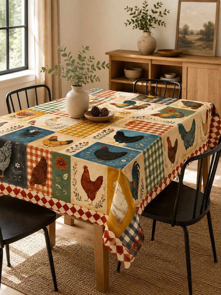 1pc Farmhouse Chicken Rooster Tablecloth, Vintage Rustic Patchwork Table Cover With Sunflower Floral Buffalo Plaid Pattern, Polyester Dining Table Cloth For Kitchen Dining Room Home Decor Fall Harvest Party - E - View 1