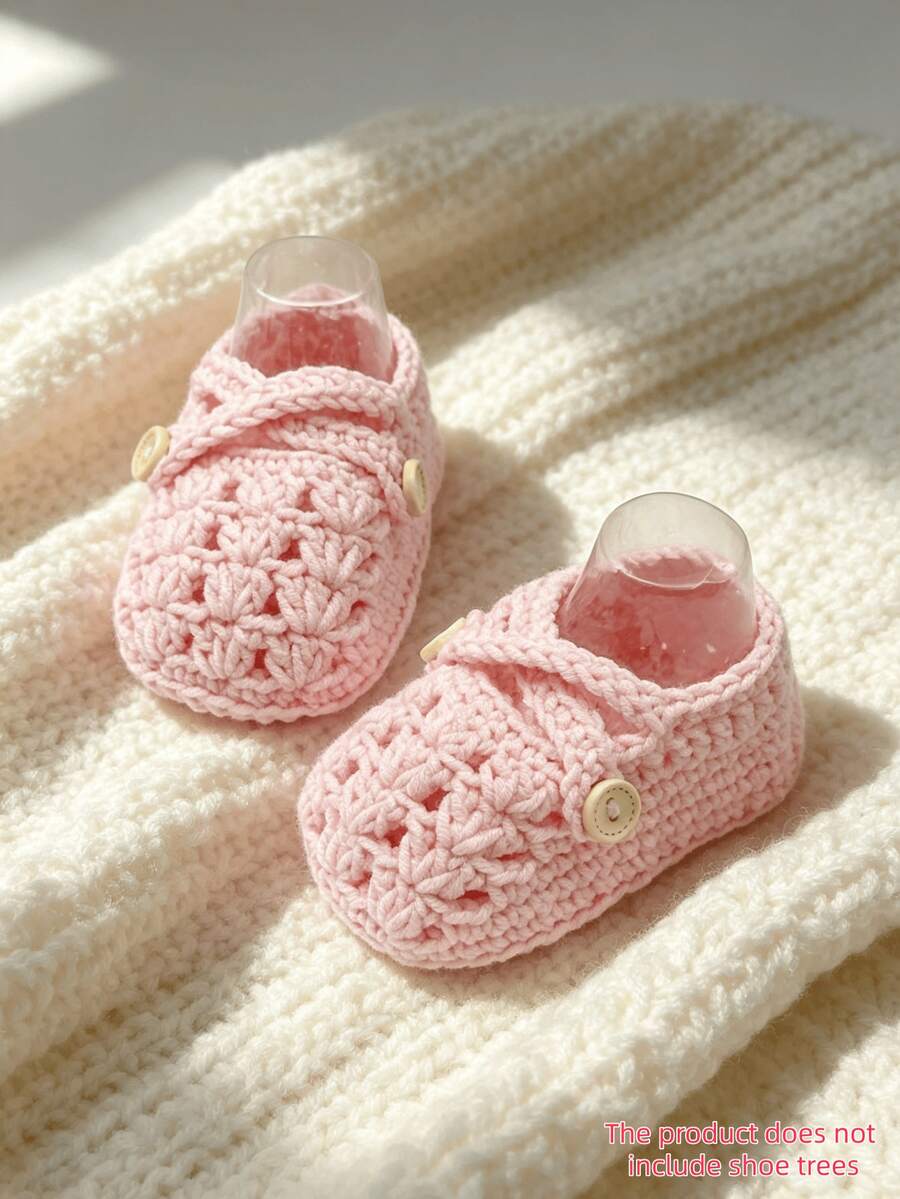 1 Pair Handmade Crochet Infant Shoes, Light Purple Color With Button Decor, Infant Size - Baby Pink - View 1
