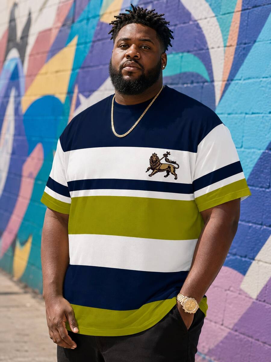 Plus Size Men's Casual Round Neck T-Shirt, Polyester Knit Fabric, Comfortable & Breathable, Fashion Contrast Color Plaid Print, Casual Street Striped Plaid Contrast Color Patchwork Design, Novelty Personalized Top - Multicolor - View 1