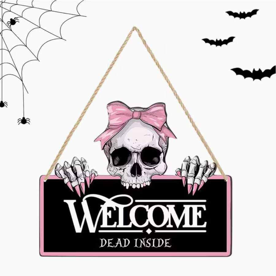 2D Flat Pink Gothic Skull Welcome Sign - Horror Halloween Decor With "Welcome Dead Inside" Message, Suitable For Haunted House, Garden And Gothic Home Decor - Multicolor - View 1