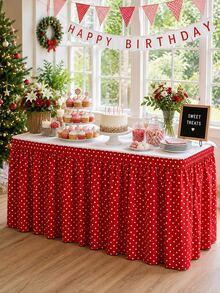 1pc Red White Polka Dot Table Skirt, Classic Festive Polyester Rectangular Ruffled Pleated Decorative Party Table Cover For Christmas, Birthday Party, Holiday Gathering, Dessert Buffet, Winter Celebration & Room Decor - Multicolor - View 7