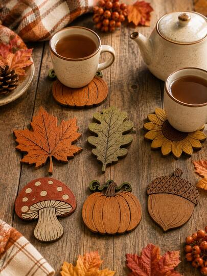 6 buah Tatakan Gelas Kayu Motif dan Daun Maple Musim Gugur, Alas Gelas Minuman Berbentuk Jamur, Bunga Matahari, dan Daun Ek Musim Gugur Bergaya Pedesaan, Pelindung Meja Dekoratif untuk Makan Malam Thanksgiving, Dekorasi Dapur, Dekorasi Rumah Musim Gugur, Meja Kopi & Dekorasi Rumah