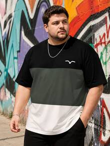 Plus Size Men's Plaid Colorblock Graphic Printed T-Shirt - Polyester Knit Fabric, Round Neck, Casual Fit, Creative Design - Olive Green - View 1