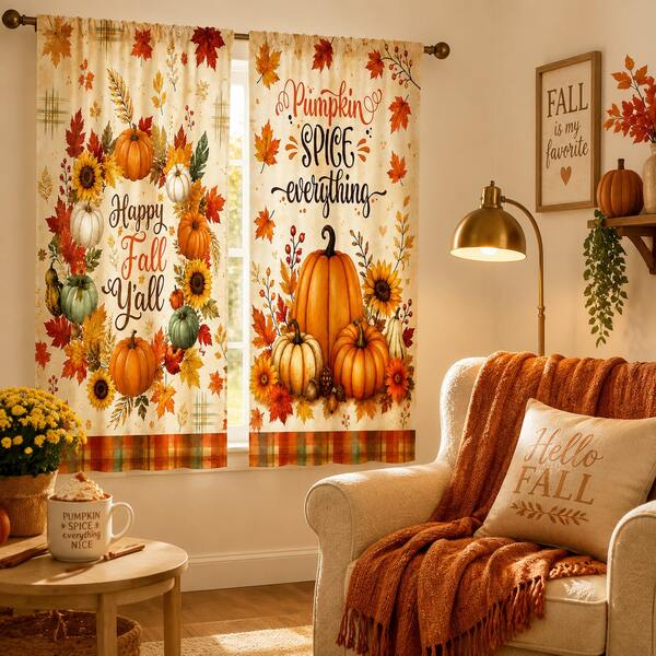 2 Paneles de Cortinas de Ventana de Cosecha de Otoño con Calabaza, Bolsillo para Barra, Semitransparentes, Filtración de Luz, Cortinas de Privacidad con Estampado de Hoja de Arce, Girasol y Cuadros, Decoración de Granja para Acción de Gracias, Cortinas Lavables a Máquina para Sala de Estar y Dormitorio