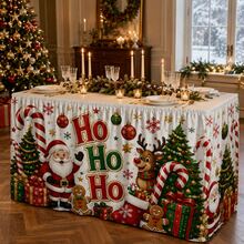 Christmas Table Skirt Polyester Tablecloth Cartoon Santa Claus Reindeer Candy Cane HO HO HO Print Gift Box And Christmas Tree Pattern Suitable For Holiday Party Family Dinner Classroom And Home Decor - A - View 1